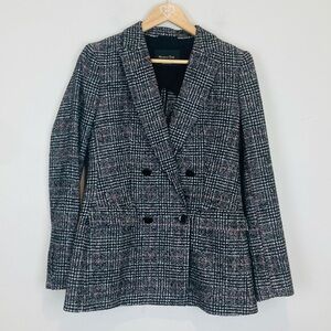 Massimo Dutti black gray and red plaid double breasted blazer. Size 6